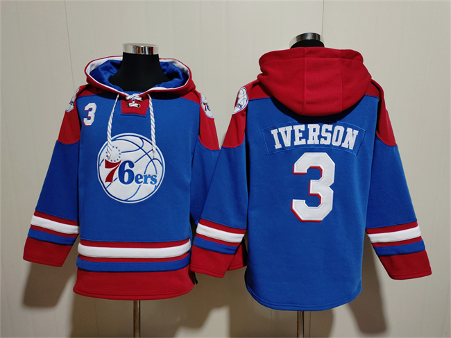 Men's Philadelphia 76ers #3 Allen Iverson Royal/Red Lace-Up Pullover Hoodie